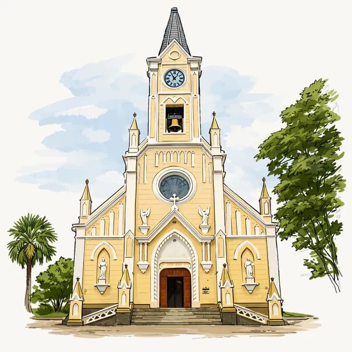 Aquarela do Santuário Nossa Senhora das Dores: fachada amarela com torre, relógio e sino.