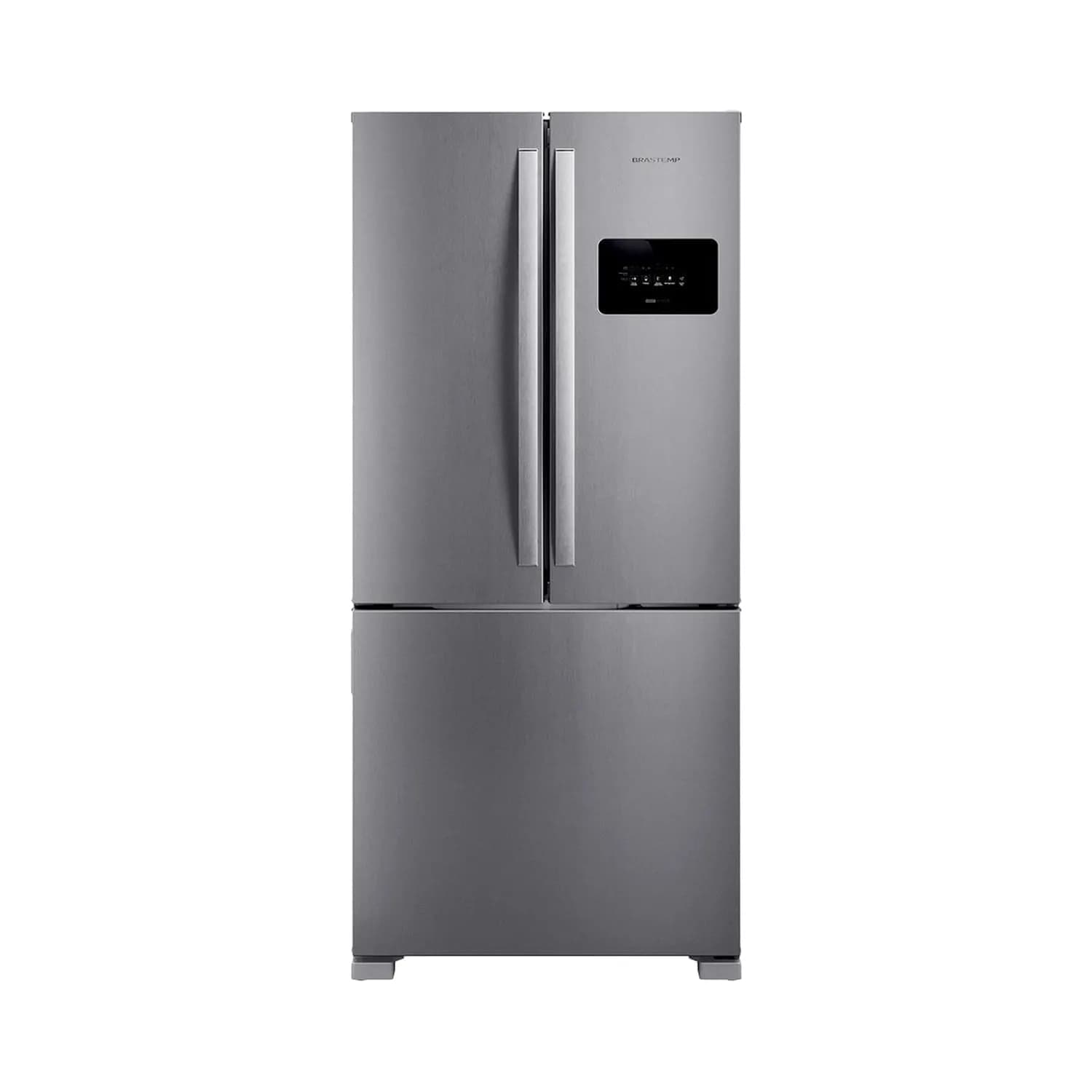 Geladeira de inox com duas portas em cima e gaveta do freezer embaixo