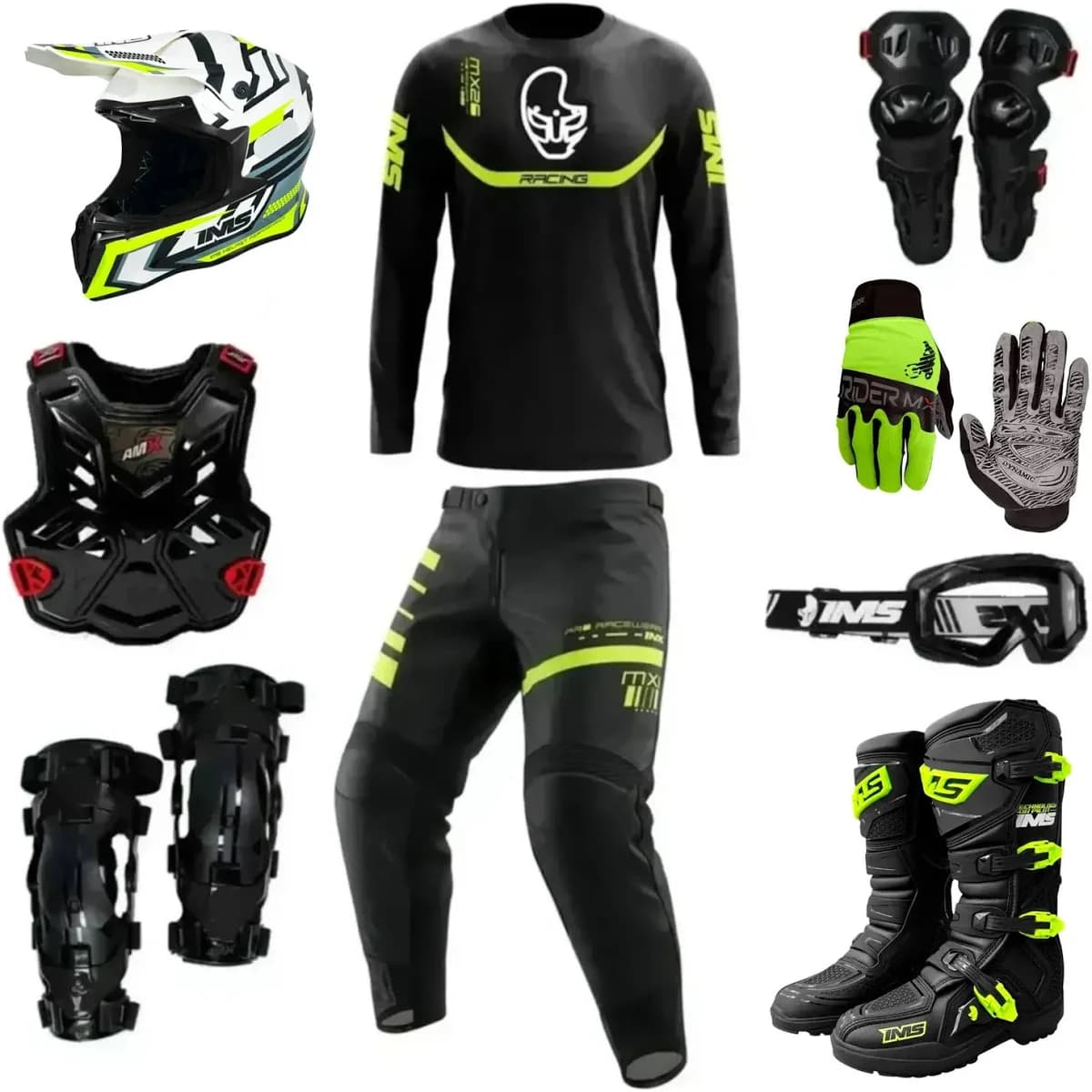 Kit de proteção para moto: capacete, colete, joelheiras, luvas, óculos e botas