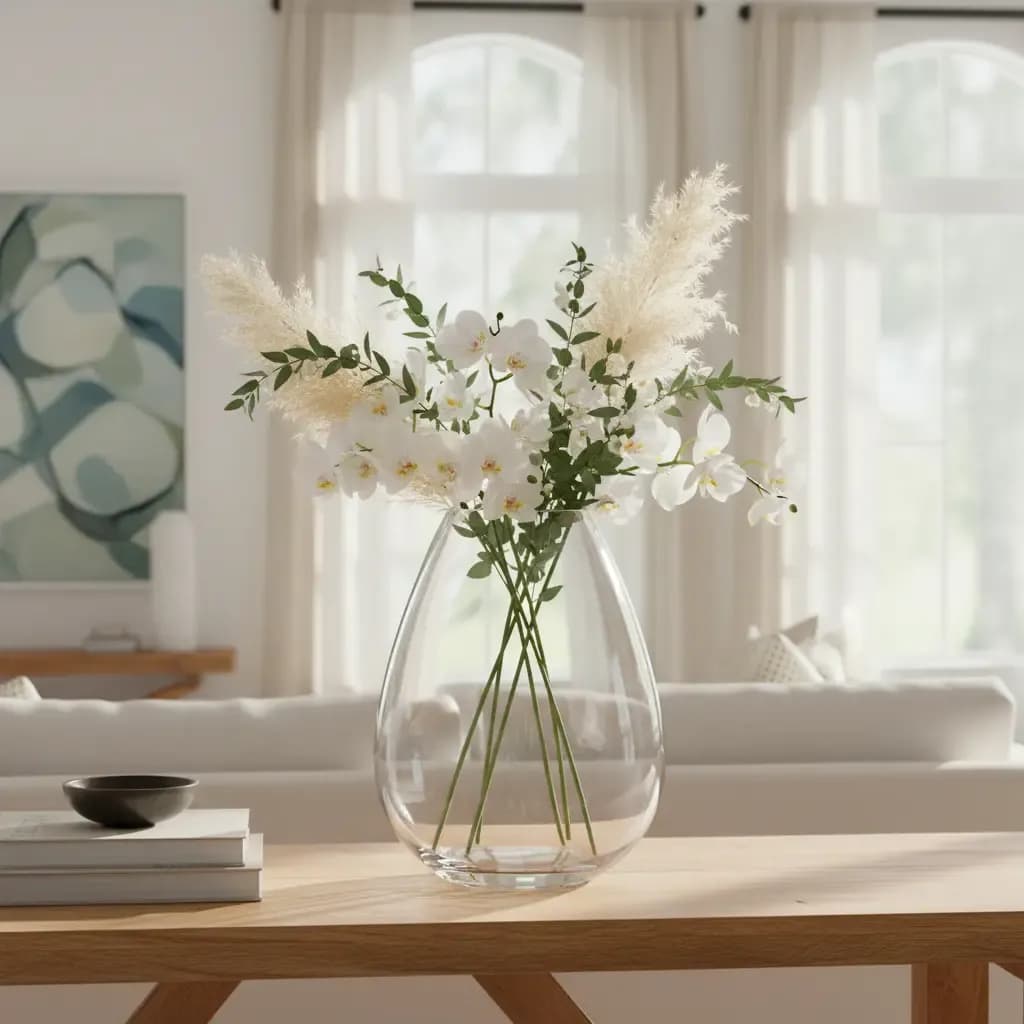 Vaso de vidro transparente com flores brancas, sobre uma mesa de madeira